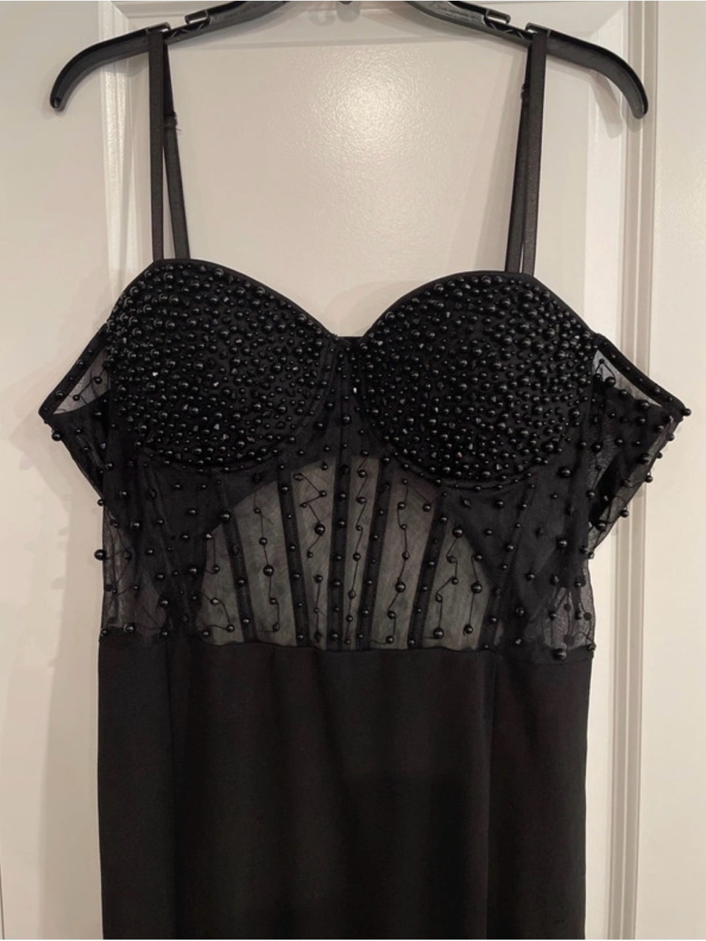 Black Beaded Mesh Bust Midi Dress